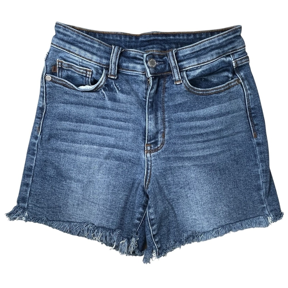 Judy Blue Women's Mid Rise Raw Hem Blue Jean Shorts Sz Small Denim Summer Beach